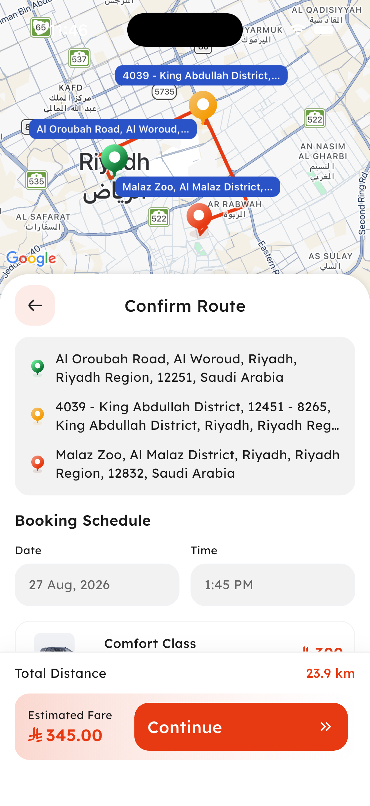 Hourly Chauffeur Booking screen
