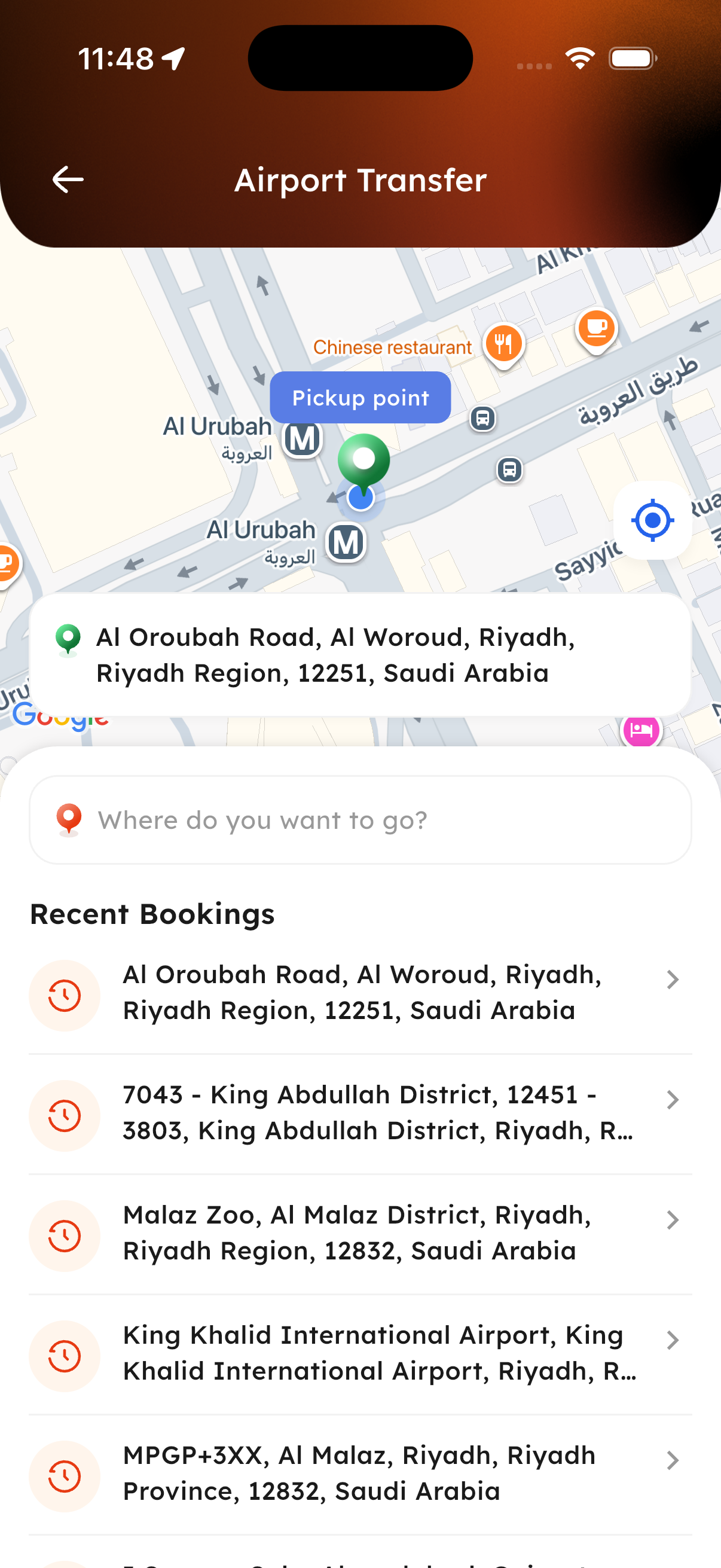 Airport Pickup Booking screen